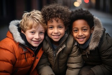 Diverse group of cheerful multicultural children having fun and playing together at the schoolyard