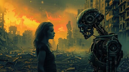 Woman and cyborg alien robot looking at each other attentively AI generated image - obrazy, fototapety, plakaty