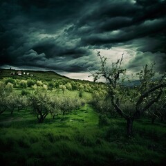 Brightly colored photograph of an abandoned untended orchard under a stormy sky, with hills and a farmhouse in the distance. From the series “Recurring Dreams."