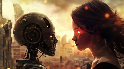 Woman and cyborg alien robot looking at each other attentively AI generated image - obrazy, fototapety, plakaty