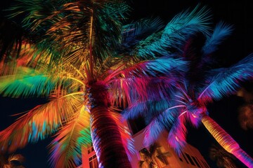 Low-angle bottom-up close-up nighttime photograph of palm-trees illuminated by colored lights. From the series “Golden Age," "Tropicana."
