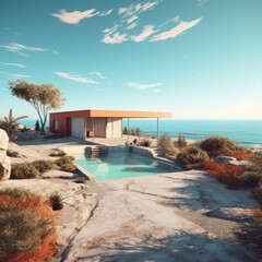 Outdoor photograph of an inexpensive modernist beach house with a small swimming pool next to the ocean. From the series “Art Film - Color," "Golden Age."