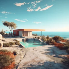 Fotobehang Outdoor photograph of an inexpensive modernist beach house with a small swimming pool next to the ocean. From the series “Art Film - Color," "Golden Age." © Mark W Geiger