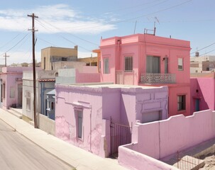 Small pastel-colored concrete and stucco houses along an street in a latin american city, bright midday sunshine. From the series “Tropicana."