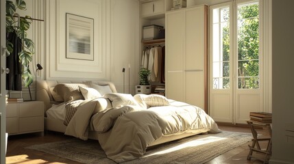 a modern bedroom adorned with a white wardrobe, exuding brightness in a realistic photograph.