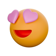 Emoji smiley face with heart eyes 3D rendering.