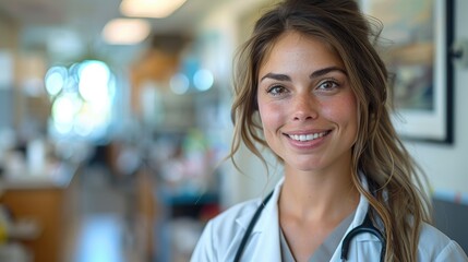 Fototapeta premium A beautiful pediatrician in her doctor's coat in a beautiful bright office. Generative AI.