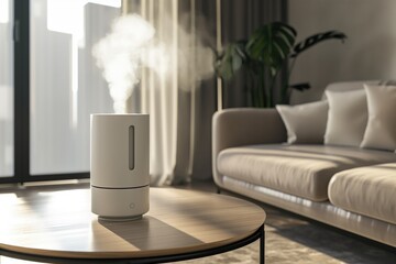 Modern humidifier in minimalist living room, enhancing indoor air quality