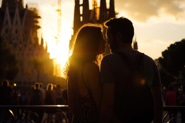 Obraz na płótnie Canvas Couple near the Sagrada Familia at sunset