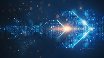 Abstract blue arrow glowing with lighting and line grid on blue background technology