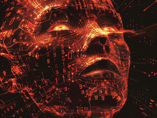 Naklejka premium Abstract Digital Human Profile, Binary Code Human Visage, Cyberspace Entity Representation, 