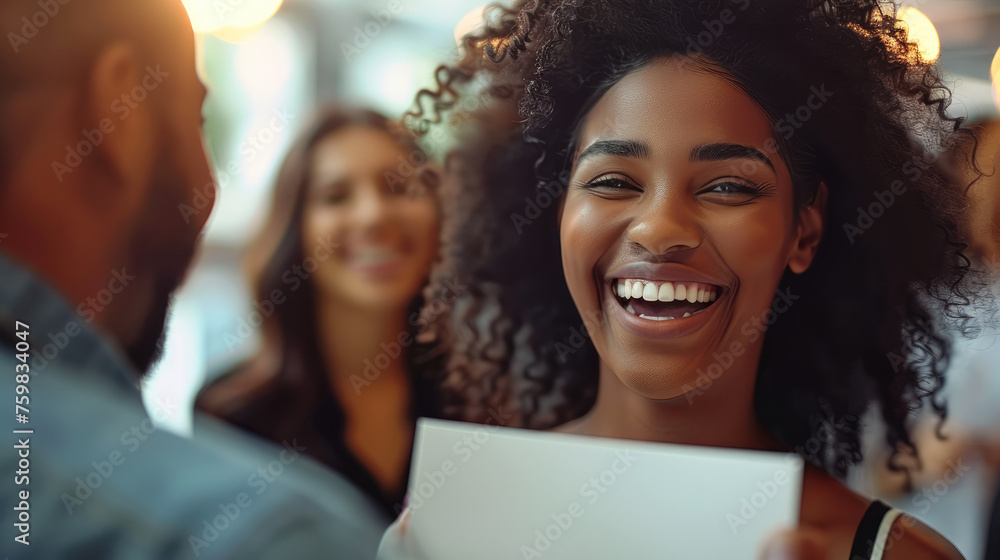 Poster a group of multicultural business professionals laughing together in a well-lit office space. genera