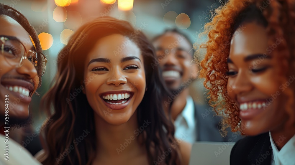 Poster A group of multicultural business professionals laughing together in a well-lit office space. Generative AI.