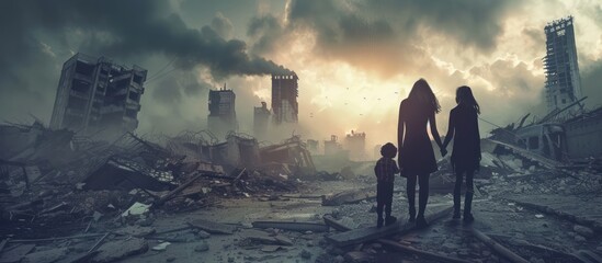 A woman and children are looking at a city with buildings destroyed by disasters and war AI generated image - obrazy, fototapety, plakaty