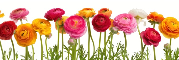 Colorful ranunculus flower border on white background, perfect for spring designs