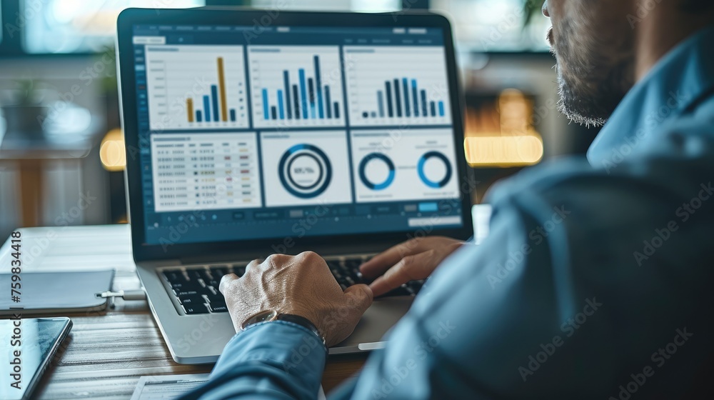 Leinwandbilder businessman using computers to monitor stock figures, analyzing business diagram, marketing statisti
