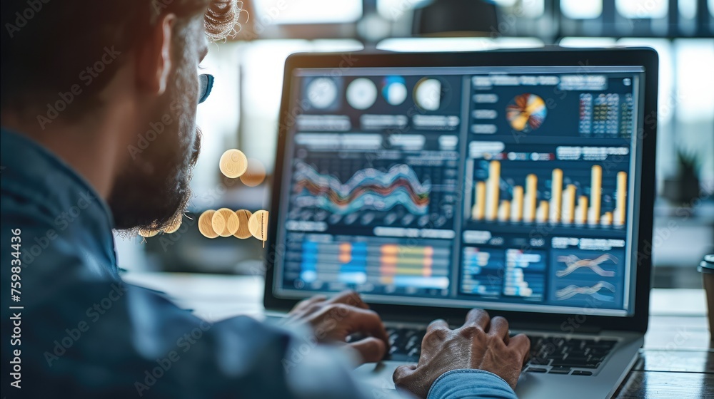 Aufkleber businessman using computers to monitor stock figures, analyzing business diagram, marketing statisti