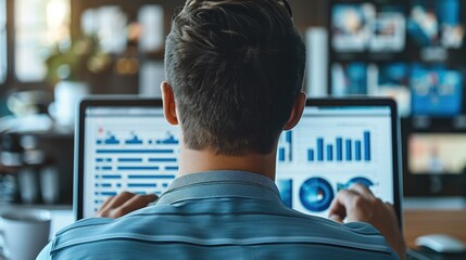 Businessman using computers to monitor stock figures, analyzing business diagram, marketing statistics and finance market graphs on laptop monitor in the office. Generative AI.