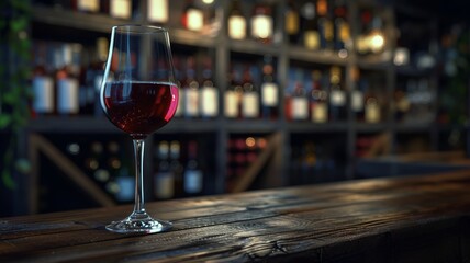 Elegant red wine glass set on a rustic wooden bar - obrazy, fototapety, plakaty