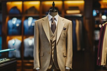 Elegant tailored beige suit with patterned tie pocket square