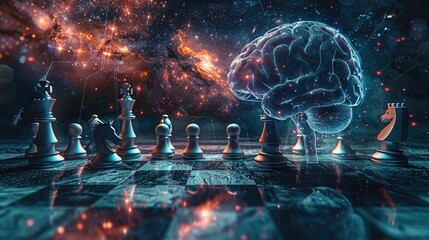 A digital brain with holographic chess pieces on an infinite grid board, floating in space against...