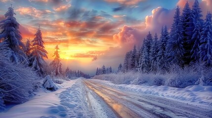 Street view with snow covered trees against evening sky AI generated image
