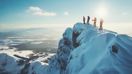 A moment of triumph as friends reach the summit of a snow-covered mountain, with panoramic views stretching below.