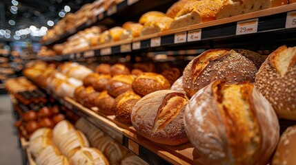Supermarket bakery aisle filled with various freshly baked bread loaves, showcasing a selection for customers.
