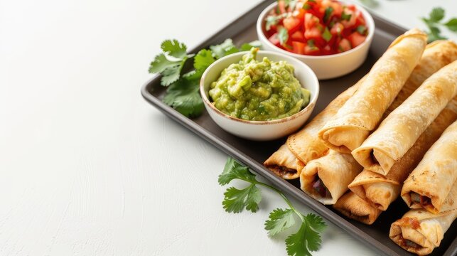 a platter of authentic Mexican flautas, served with vibrant salsa and creamy guacamole, elegantly arranged on a clean white background, with space available for custom text or graphics.