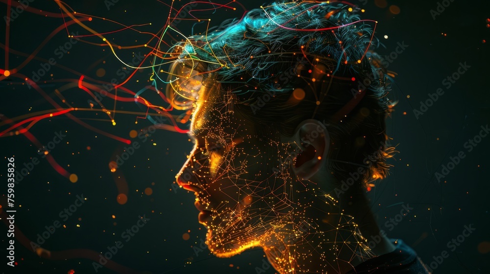 Poster brain and thinking in a human head. brain nervous system concept. deep learning, artificial intellig