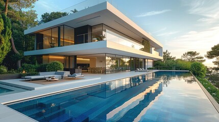 Modern house with luxury swimming pool, trees on the side, day time. Generative AI.