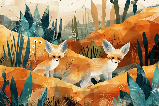 Illustrative patterns of fennec foxes in a whimsical