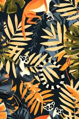 Illustrative patterns with lemurs leaping through the canopy of the Madagascar rainforest