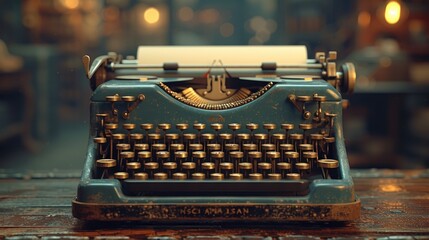 A classic black vintage typewriter with blank paper, illuminated by warm ambient light, awaits a writer's touch. - obrazy, fototapety, plakaty