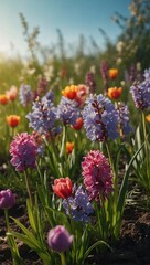 Naklejka premium The arrival of spring and a close-up of an outdoor area surrounded by flowers, for print and frame, background wallpaper