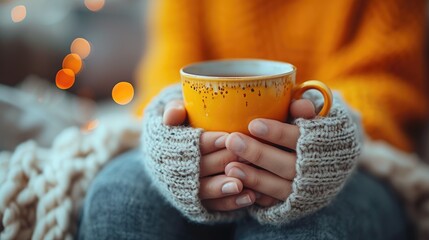 Close-up of hands holding a warm yellow mug, comfort and warmth on a cold day.