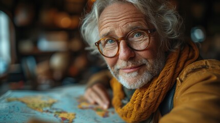 Older man with glasses and a scarf analyzing a world map, thoughtful and dreamy expression. - obrazy, fototapety, plakaty