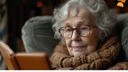 A content senior woman with glasses reads a book, wrapped in a warm, chunky scarf at home.