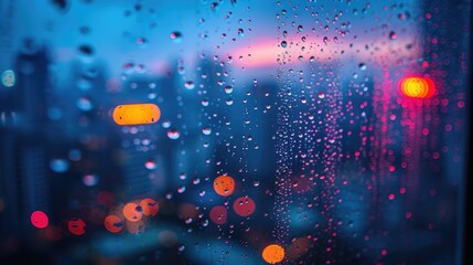 On a wet evening, city lights twinkle through rain-streaked windows, casting a colorful bokeh effect that adds an enchanting glow to the urban landscape. - obrazy, fototapety, plakaty