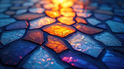 The radiant glow of sunset illuminates an intricate mosaic of iridescent tiles, transforming them into a shimmering canvas that enchants the eye with its stunning visual texture.