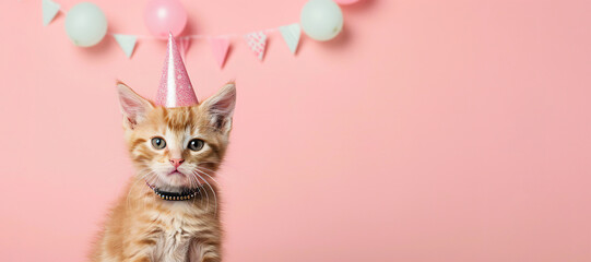 Obraz premium Adorable gray kitten with party hat and pink bow tie on pink