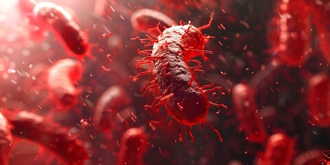 Closeup of red bacteria in a 3D rendering with room for text. Concept 3D Rendering, Bacteria Closeup, Red Microorganisms, Text Space, Scientific Illustration