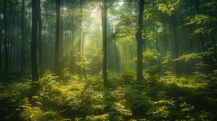 A green Forest with sunlight. Generative AI.