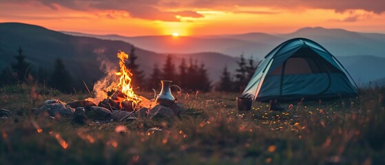 Sunset camping mountain wilderness with tent and fire - obrazy, fototapety, plakaty