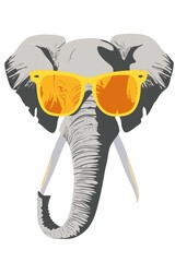 Simple illustration of elephant character head, wearing oversized bright sunglasses, on solid white background. Minimalism 