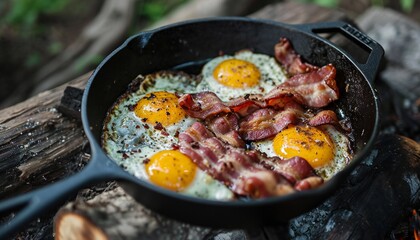 Outdoor breakfast with eggs and bacon campfire