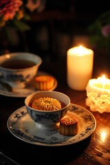 Obraz na płótnie Canvas Traditional mooncakes and tea candlelight ambiance