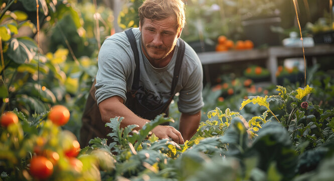 A man harvesting vegetables in a garden. Generative AI.