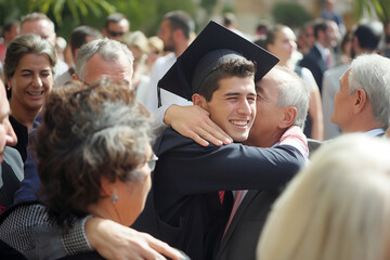 New Graduate Embraced by Family at University Ceremony, Graduate male hugging his parents