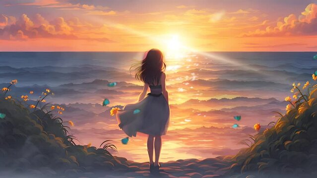 anime girl watching sunset at the ocean digital art, painting, anime, art, Graphics, backgrounds, anime characters, anime wallpapers, cartoon, girl, fantasy